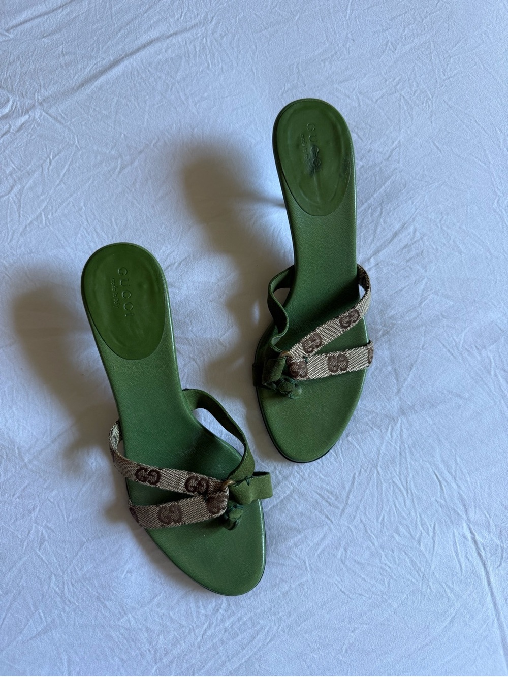 Gucci Tom Ford era Green/Brown GG Canvas with Suede mules/sandals on kitten heel - Picture 16 of 16